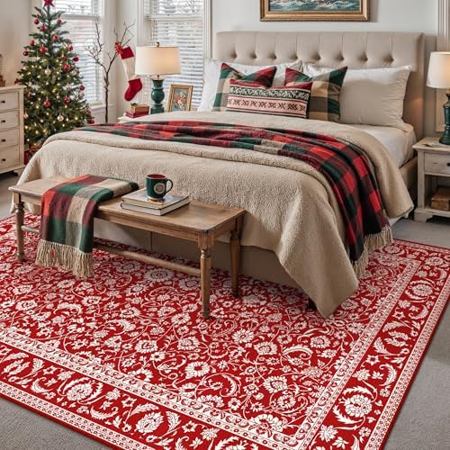 HUGEAR 6x9 Christmas Red Floral Washable Area Rug for Living Room - Image 4