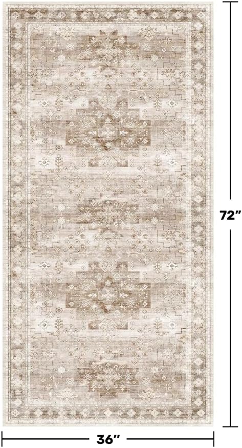 Washable Neutral Farmhouse Large Entryway Rug, 3x6 Area Rugs for Kitchen, Bedroom Beside Bed, Nursery Room, Boho Vintage Floral Non-Slip Throw Rug Low Pile Stain Resistant (3x6 Beige/Latte) - Image 2