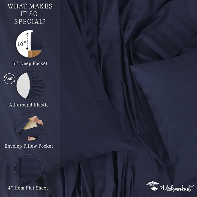 URBANHUT 800 Thread Count 100% Cotton Damask Queen Size Sheets, 4 Piece Striped Queen Size Bedsheets, Luxury Hotel Sheets Sateen Weave - Better Than Egyptian, 16" Elasticized Deep Pocket- Navy Blue