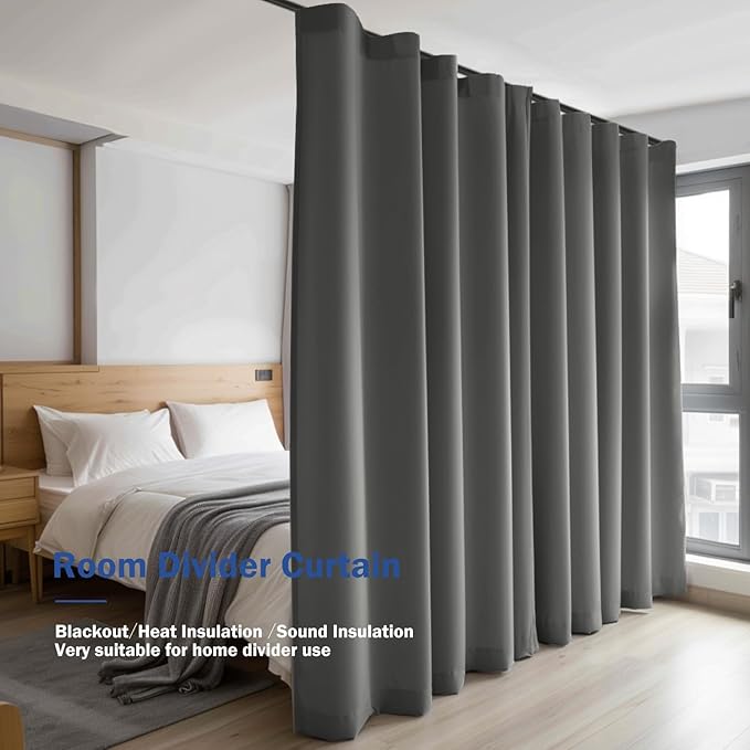 Room Divider Blackout Curtain Track Curtains Wall Dividers Panels Screen for Living Rooms Bedroom Office Privacy Partition Separation, W180 × L120 Inch,1 Panel, Grey