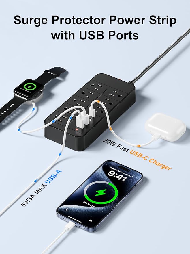 Otovoda Surge Protector Power Strip, 6 Ft Extension Cord with Multiple Outlets & 4 USB Ports (1 USB C PD20W), Multi Plug Extension Outlet Perfer for Home Office Workspace Bedroom, 3600 Joules, Black