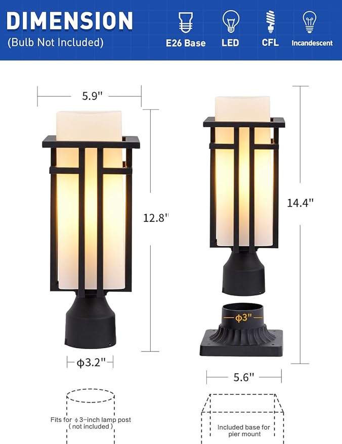 EERU Outdoor Post Lights Waterproof Metal Frame with Milk White Frosted Glass Pier Mount Outdoor Lighting Fixtures(with 3-Inch Pier Mount Base) Pillar Light Post Lantern for Garden Backyard and Porch