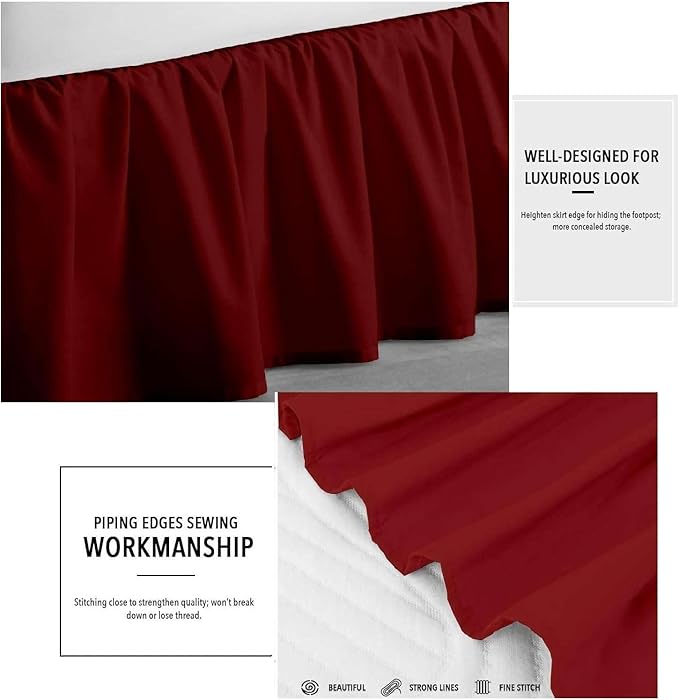 Burgundy Solid Ruffled Bed Skirt Queen-12 Inch Drop Split Corner, Microfiber Bedskirt with Platform Three Sided Coverage
