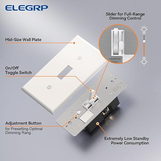 ELEGRP Digital Toggle Dimmer Switch for Dimmable LED, CFL and Incandescent Light Bulbs, Single Pole or 3-Way Toggle LED Dimmer Light Switch, Wall Plate Included, UL Listed, 2 Pack, White