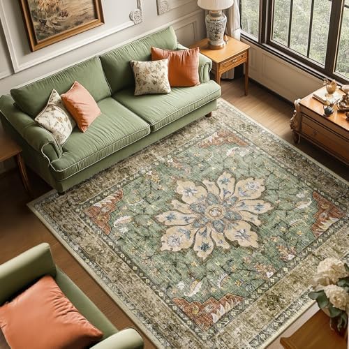 RELEANY Washable Area Rug, Square 8'x8', Brick/Brown/Green by RELEANY