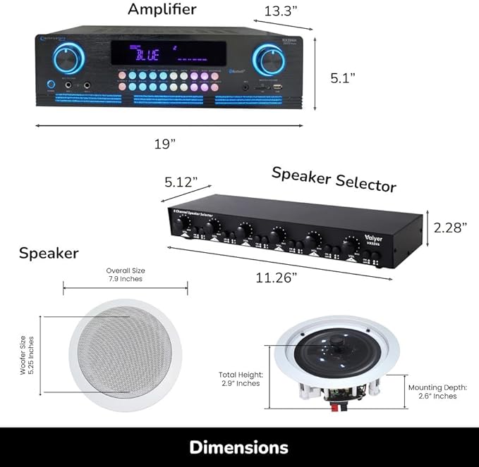 Vaiyer Home Audio Sound System Kit - 2000 W Bluetooth Amplifier w/ 12 Qty of 5.25" Framed Ceiling Speakers 175 W Each, 6-Ch Speaker Selector w/Volume Control, 500 ft Speaker Wire & Remote