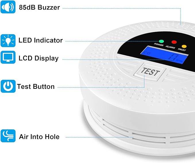 2-Pack, Smoke Alarm and Carbon Monoxide Detector, Carbon Monoxide and Smoke Detectors with LCD Display, Battery Powered, Easy to Install