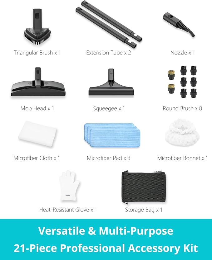 GROBELL Steam Cleaner: 40s Fast Heating-0.66Gal (2.5L) Large Tank-21 PCS Kit-No Cooling-Refill Anytime-Detachable Hose Multi Portable Steamer Mop for Home Car Bed Furniture Tile Grout Floor Cleaning