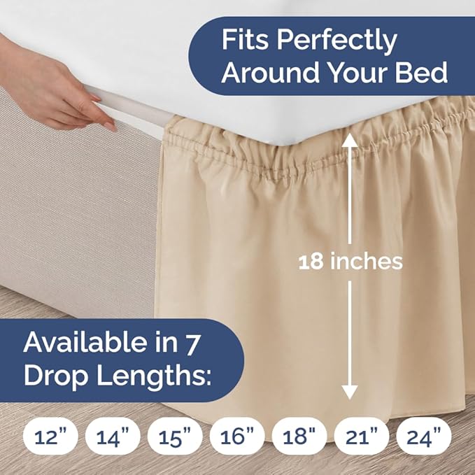 Wrap Around Dust Ruffle Bed Skirt - Cream - Twin/Twin XL Size Beds with 18 Inch Drop - Easy Fit Elastic Strap - Adjustable Pleated Bedskirt w/Brushed Fabric - Wrinkle Free - Women, Men, Kids & Teens