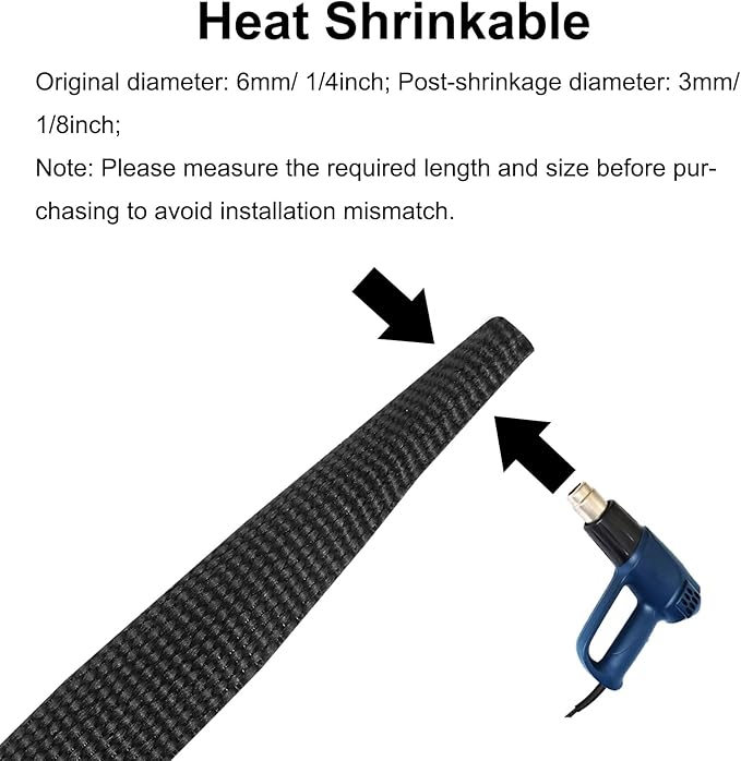 MECCANIXITY Braided Cable Sleeves Heat Shrinkable Fabric Sleeving, 1/4" 40ft Black 2:1 Ratio Heat Shrinkable Cord Protector for Harness Cable, Network Cable Protection, Cable Management