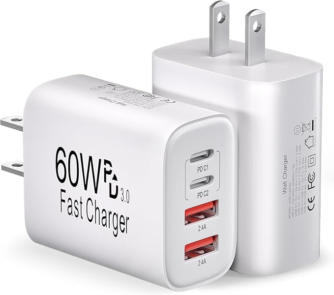 60W USB C Charger Block Fast Charging,2Pack 4Port Type C Charger Fast Charging Blocks 2 Type-C & 2 USB-A Ports Power Adapter for iPhone 17/17 Air/16/15/14/13/12/11 Pro Max/XS/XR/8/7/6,iPad,Samsung