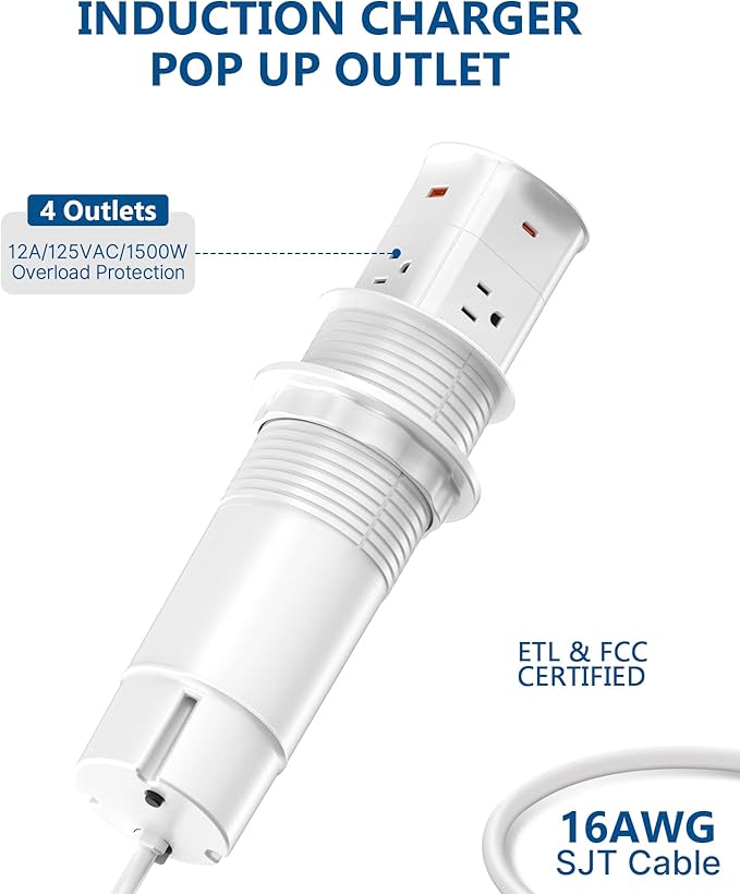 Pop Up Outlet for Countertop,Recessed Power Strip,Power Grommet 3.15 inch Desk Hole Insert,20W USB C,2 Outlets,2 USB C/2 USB A, Table Outlet,Desk Charging Station (White, 3FT)