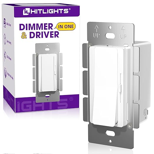 HitLights LED Driver and Dimmer Switch in One 120W, 120V AC to 12V DC, Compatible with Most Solid Color 12V Strip Tape Lights, UL Listed, Single-Pole/3-Way, EZDim Pro, White