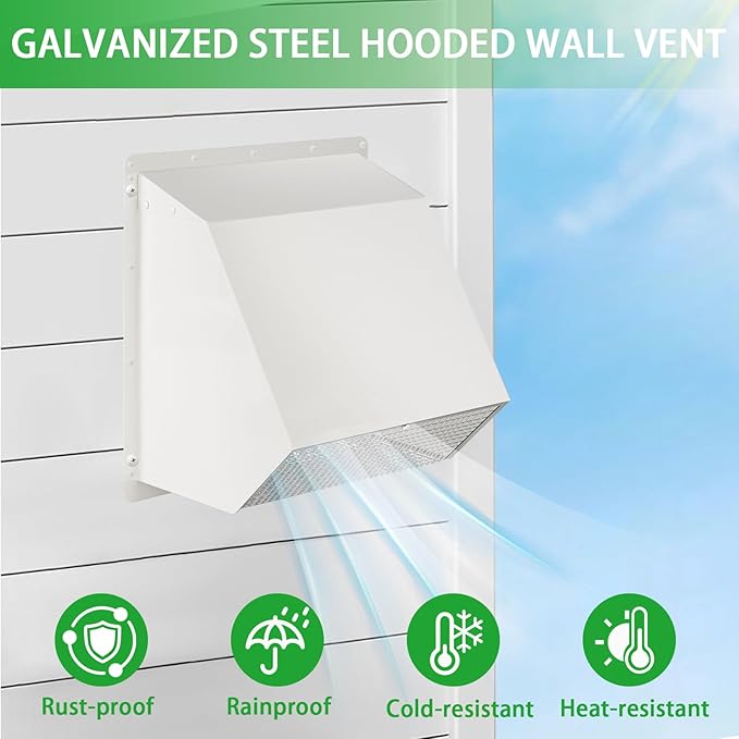 7Inch Hooded Wall Vent with Screen and Damper,Galvanized Steel Exhaust Vent Cover Cap Outside,Wall Vent Cover Exterior Outdoor Vent Hood for Kitchen Range Hood Laundry Dryer Bathroom Fan Duct Air Vent