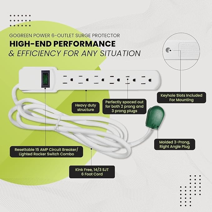 GoGreen Power Inc. (G-16106MS-2) 6 Outlet Surge Protector, 6FT Cord, White, 2 Pack