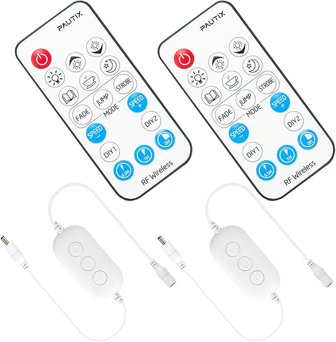 PAUTIX 2-Pack RF Remote LED Controller Dimmer,18-Key Wireless Remote and in-line Controller DC 12V-24V Switch Memory Function, for Single Color LED Strip Light,COB LED Strips,2835 3528 SMD LED Lights