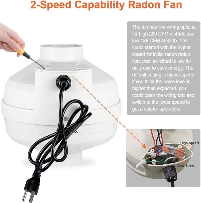 MIDCVFRUN 4 inch Radon Fan, 2 speed 260/188CFM Radon Mitigation System Quickly Mitigate Radon Quiet and Energy Efficient IP67 Waterproof Indoor Outdoor Installation