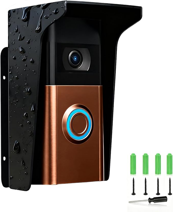 Doorbell Rain Cover Weatherproof,Anti Glare Sun Shade Protection,Fingerprint Lock Waterproof Cover,Black Metal Outdoor Access Control Keypad Cover, Compatible with Ring/Google/Arlo/Kasa/Eufy/Kamep