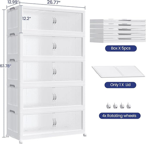 600QT Plastic Stackable Storage Bins with Lid, 150GAL Extra Large Collapsible Box with Wheels Clear Door, Foldable Closet Organizer Container Cabinet Drawer for Home Kitchen，5Pack, White