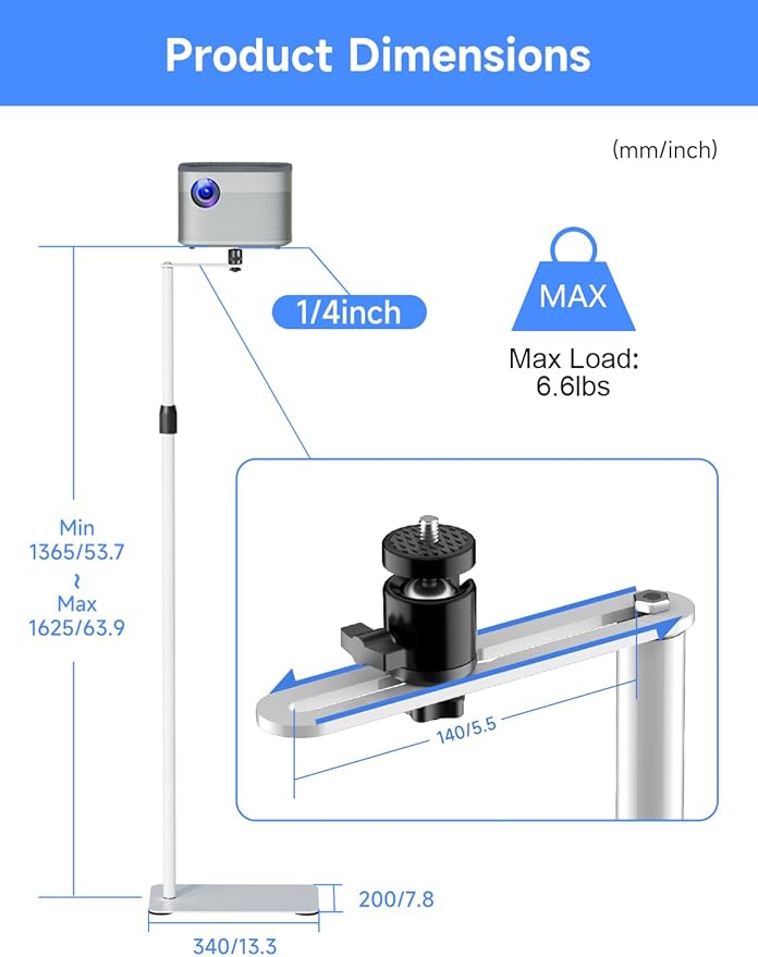 suptek 63.9” Extendable Projector Stand Against Wall Hidden Stand, 360°Swivel, Height Adjustable, Mini Projector Mount Bracket, Compatible with Home Office Video Vlog DVR Camera, PR001FPLW