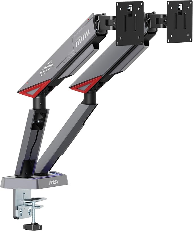 MSI MPG MT161DR - Premium RGB Dual Monitor Stand Arms, 17-38" Support, VESA Compatible, Adjustable Spring Assisted Mount, 35.2 lbs per Screen Capacity, Clamp & Grommet, Quick Release Plate - Black