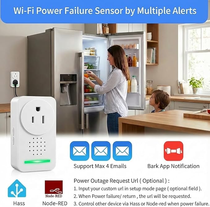 Power Failure Alarm WiFi with 4 Email Addresses, Loud 120dB Smart Power Outage Alarm with 6 Sirens, Freezer Alert WiFi Wireless, Smart Power Failure Detector for GFCI Trips, Sump Pump