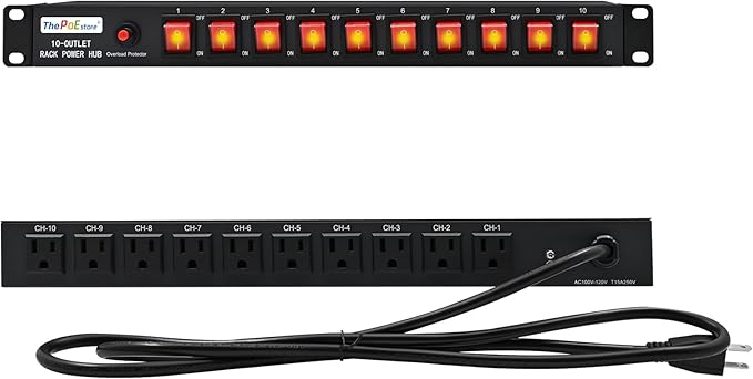ThePoEstore 10-Outlet 1U Rack Mount Power Strip - Surge Protector, Features 10 Front Switches with LED Light - Ideal, w/ 6 ft Cord for Network Server Racks and Cabinets