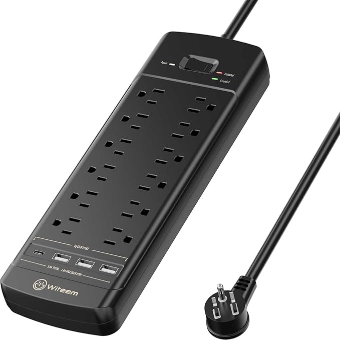 Witeem Surge Protector Power Strip - 12 Outlets,3 USB+USB-C 3.4A Ports, 6Ft Extension Cord, 1875W/15A, 4360Joules, Overload Protection - Ideal for Home & Office Use (Black-USBC)