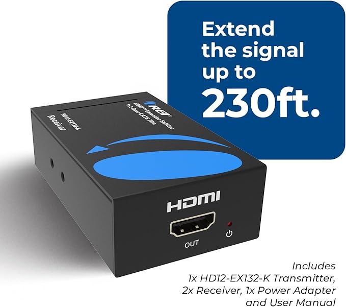 OREI 1x2 HDMI Extender Splitter Over Single Cable CAT6/7 1080P EDID Management - Up to 132 Ft - Loop Out - Low Latency