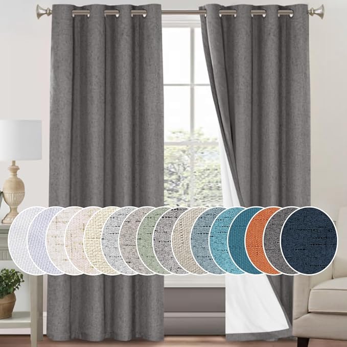 PrinceDeco 100% Blackout Linen Curtains 84 inch Long Thermal Insulated Curtains for Winter Grommet Noise Reducing Window Treatment Drapes for Hall Room,52" Wide Per Panel, Set of 2,Grey