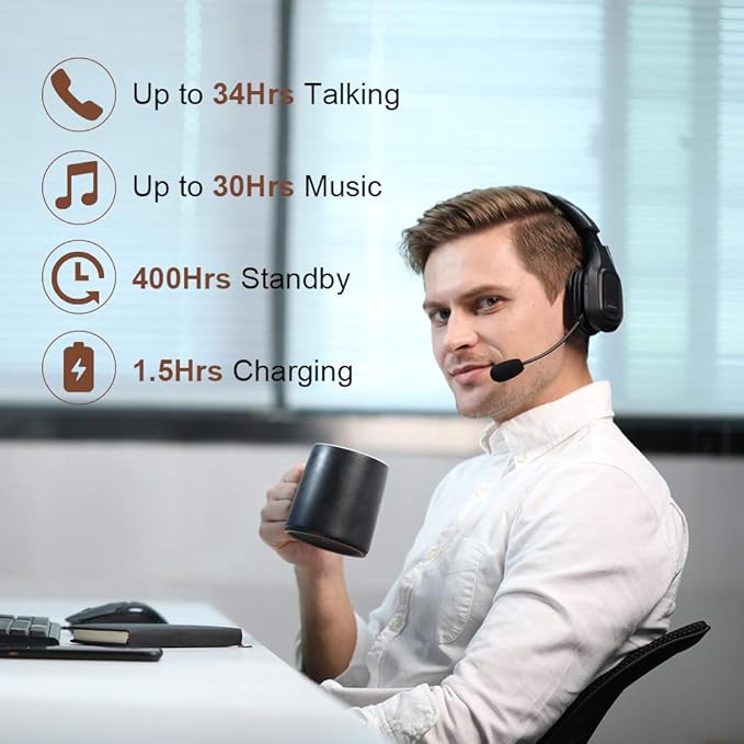 COMEXION Trucker Bluetooth Headset V5.0, Wireless Headset with Noise Canceling&Mute Microphone for Cell Phones, On Ear Bluetooth Headphone for Computer, Zoom Meetings, Skype, Home Office