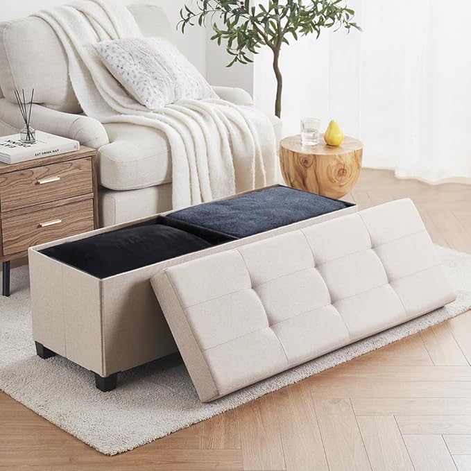 Ornavo Home 43 Inch Storage Ottoman, Large Storage Bench, Ottoman with Storage with Legs, Foot Rest Stool, Bedroom Bench - Beige