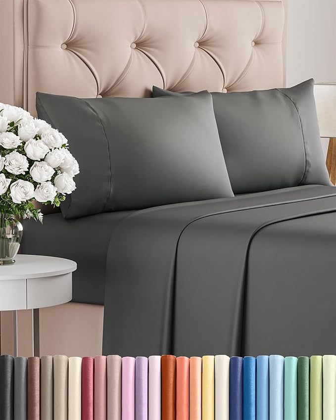 Twin 4 Piece Sheet Set - Cooling, Comfy & Breathable - Hotel Luxury Bedding, Includes Fitted Sheet for Women, Men, Kids and Teens - 1 Flat, 1 Fitted Sheet, 2 Pillowcases with Deep Pockets - Charcoal