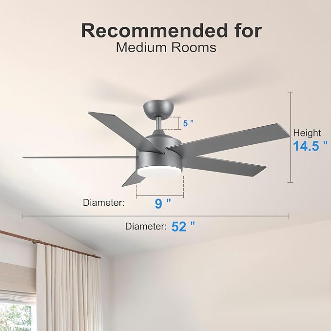 POCHFAN 52 inch Ceiling Fans with Lights and Remote Control Silver, Modern Ceiling Fan Dimmable 3 CCT Temperatures 6-Speed, Quiet LED Ceiling Fan for Bedroom, Living Room