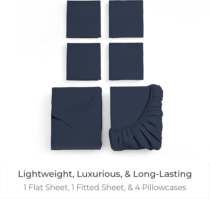 Mellanni California King Sheet Set - 6-Piece Iconic Collection Bedding, (Including 4 Pillowcases), 21-Inch Extra Deep Pocket, Easy Care, Ultra Soft, Cooling Sheets, Brushed Microfiber - Navy Blue