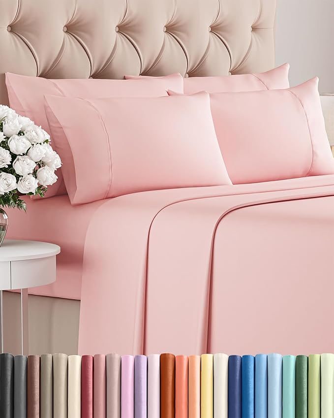 Queen 6 Piece Sheet Set - Cooling, Comfy & Breathable - Hotel Luxury Bedding, Includes Fitted Sheet for Women, Men, Kids & Teens - 1 Flat, 1 Fitted Sheet, 4 Pillowcases with Deep Pockets - Baby Pink