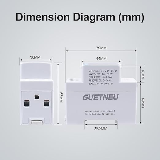 GUETNEU Digital Display Energy Meter Energy Tester Electricity Usage Monitor AC Rail-Mounted Meter GT2P-UID, AC 80~270V, 0~100A, 50/60Hz. Used to Measure AC Voltage, Current and Energy Consumption