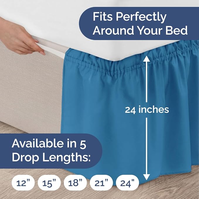 Wrap Around Dust Ruffle Bed Skirt - Denim Blue - for Queen Size Beds with 24 Inch Drop - Elastic Strap - Adjustable Pleated Bedskirt with Brushed Fabric and Wrinkle Free - For Women, Men, Kids & Teens
