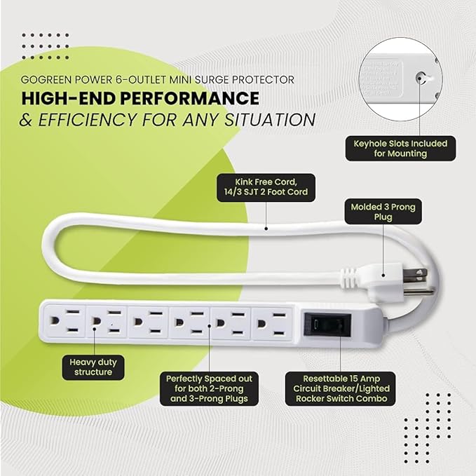 GoGreen Power Inc. (G-16103MIN-2) 6 Outlet Surge Protector, 2FT Cord, White, 2 Pack