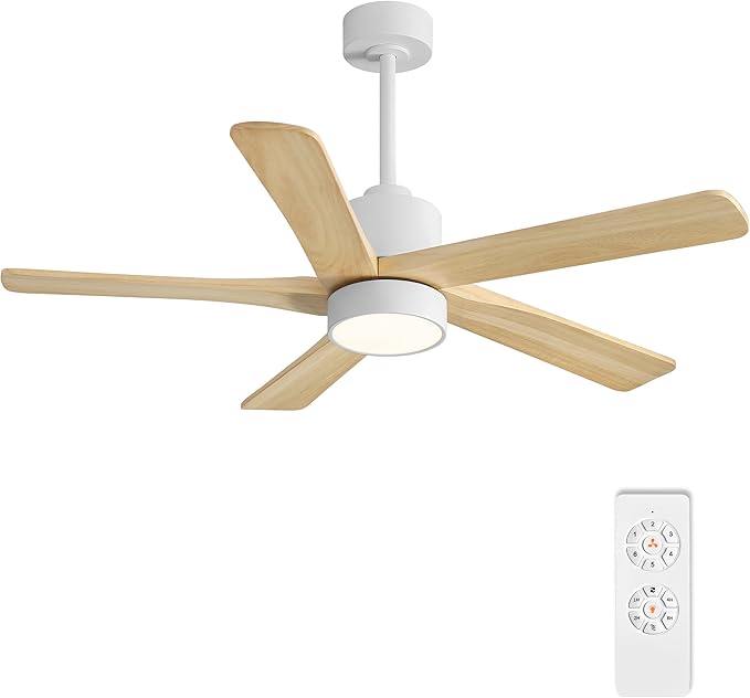 WINGBO 48 Inch DC Ceiling Fan with Lights and Remote Control, 5 Carved Solid Wood Blades, 6-Speed Noiseless Reversible DC Motor, Indoor Ceiling Fan in Gloss White Finish with Oak Blades