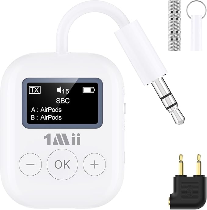 1Mii Airplane Bluetooth 5.3 Transmitter for All Headphones - Bluetooth Adapter for TV - Dual Connection - aptX Low Latency - Flying Travel, Wireless Audio Aux for MP3,Game,PC-White