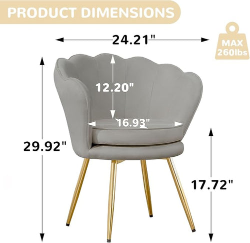 Accent Chairs Set of 2, Velvet Vanity Chair with Back, Mid-Century Modern Small Accent Chair for Living Room, Golden Metal Legs Upholstered Makeup Chair, Bedroom Armchair, Grey