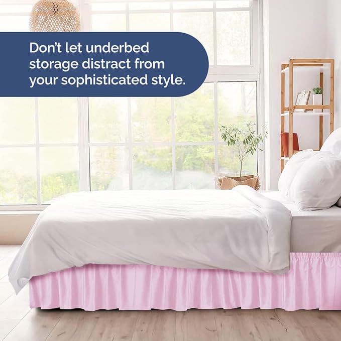 Wrap Around Dust Ruffle Bed Skirt - Light Pink - for Full Size Beds with 18 Inch Drop - Elastic Strap - Adjustable Pleated Bedskirt with Brushed Fabric and Wrinkle Free - for Women, Men, Kids & Teens