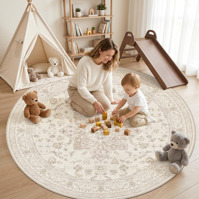Round Area Rug Living Room: 6ft Washable Carpet Beige White - Image 3