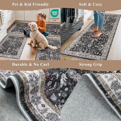 4x6 Kitchen Rug Non-Slip Washable – Boho Vintage Low-Pile Soft Area Carpet for Entryway, Bedroom, Living Room – Stain-Resistant Thin Indoor Rug for Families and Pet Owners (Black, 4x6) - Image 4
