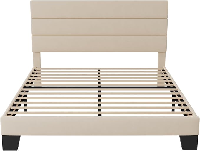 Allewie Queen Size Platform Bed Frame with Velvet Upholstered Headboard and Wooden Slats Support, Fully Upholstered Mattress Foundation/No Box Spring Needed/Easy Assembly, Cream