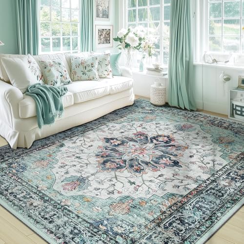 RELEANY Washable Area Rug, 5'x7', Teal Green/White/Navy by RELEANY
