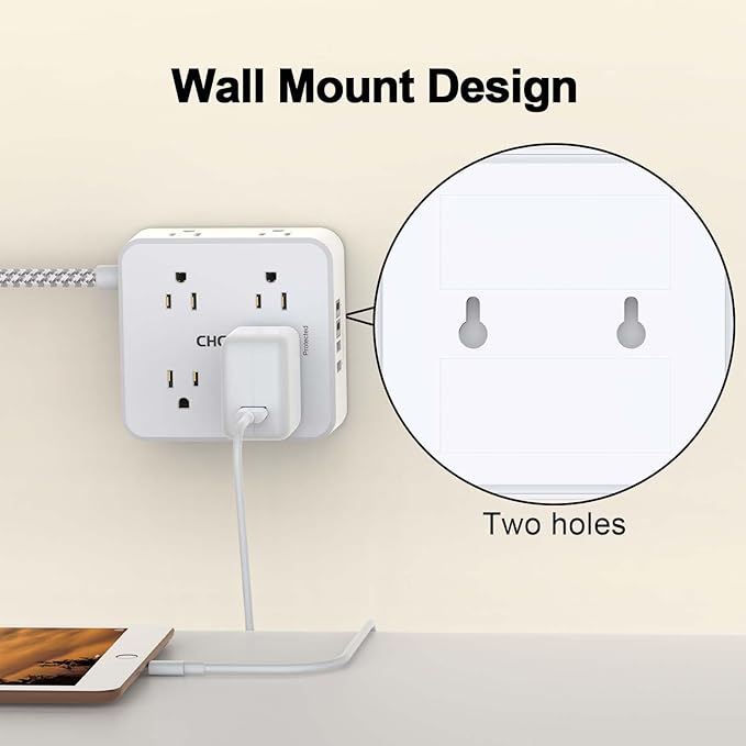 Surge Protector Power Strip - CHCORE 10 Ft Braided Extension Cord with 8 Outlets with 4 USB (2 USB C) Charging Ports, Flat Plug Multi Plug Outlet Extender Charging Station for Home Office, ETL, White