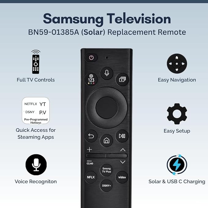 BN59-01385A Samsung TV Remote Control Replacement for Smart TV - Easy Setup, Universal Bluetooth/IR Voice Remote, Solarcell - Works with Samsung QLED, Frame, Crystal UHD, 4K, & LED Smart TVs
