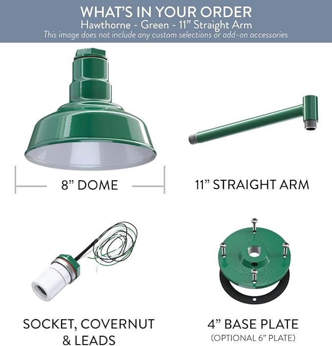 Steel Lighting Co. Hawthorne Barn Light | Outdoor Wall Mounted | 8 inch Dome | 11 inch Straight Arm| Small Farmhouse Light Made in America | Green Exterior/White Interior